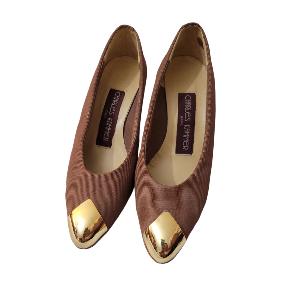 CHARLES KAMMER PARIS BROWN RIBBED GOLD TIP CLOSE TOE 3IN HEELS SIZE 36.5